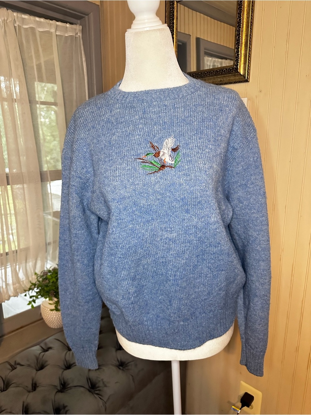 Vintage Flying Scotsman Duck Embroidered Wool Blend Sweater Women’s Large Blue
